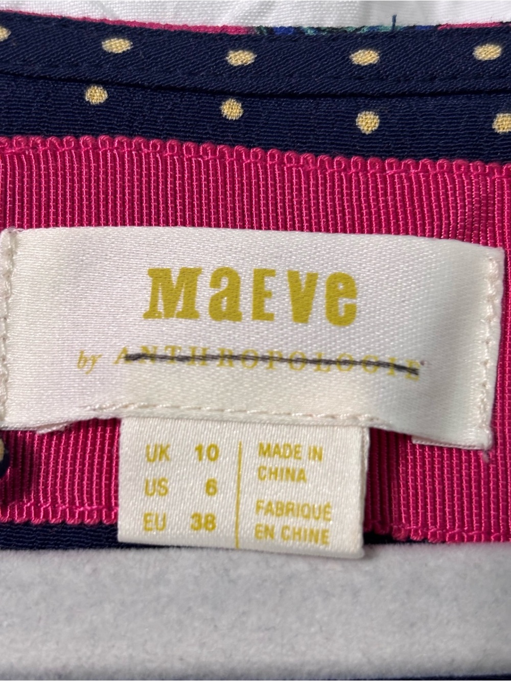 Anthropologie Maeve Fuchsia Floral Mini Dress with Navy Polka-Dot Bib Size 6 - Picture 4 of 10